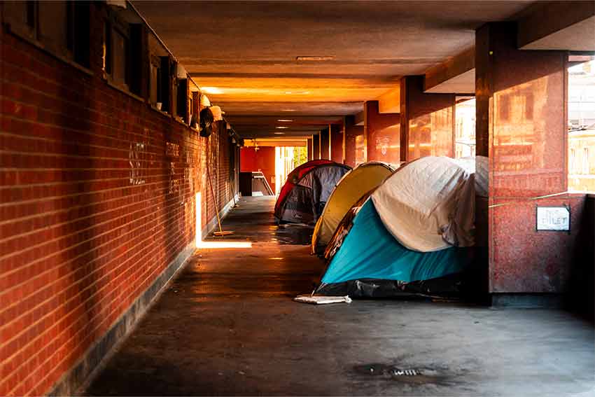 Tents in an underpassage in a city